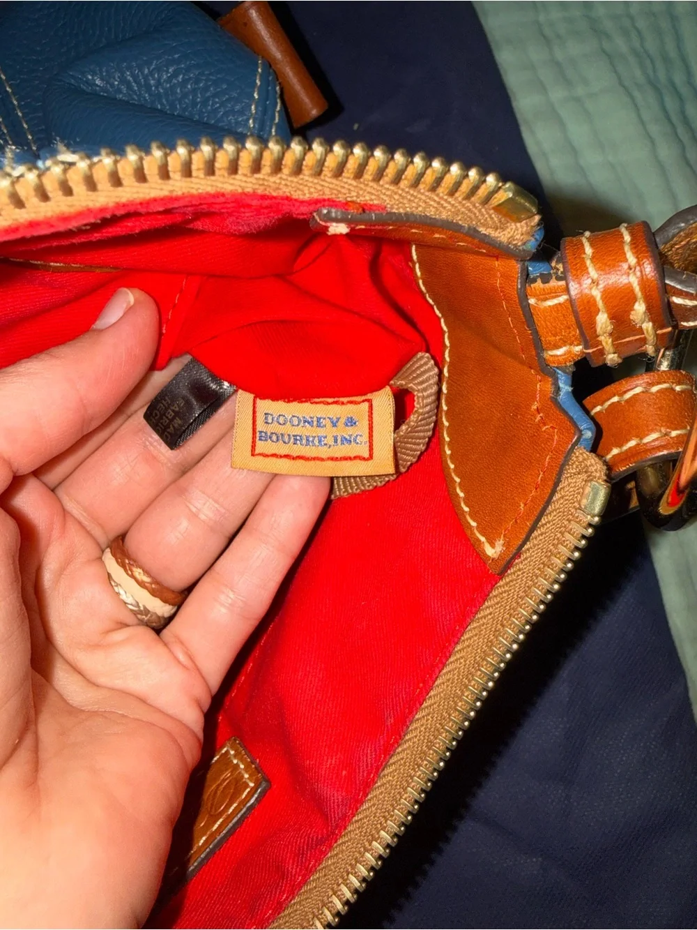 Dooney & Bourke Pebble Grain Leather Hobo Handbag - Color: Blue/British Tan Trim